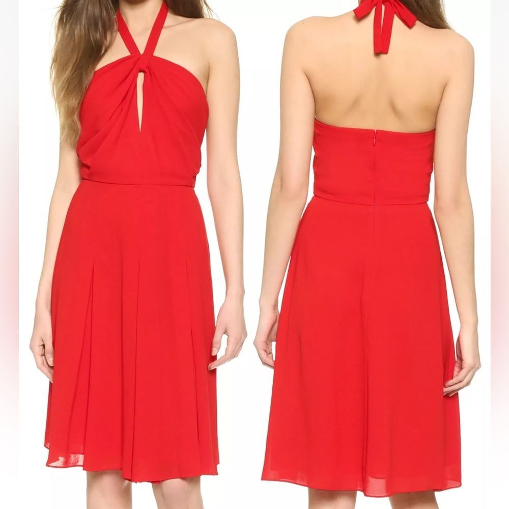 L’AGENCE Crepe Crimson Red Halter A-line Midi Evening Cocktail Dress Size 2